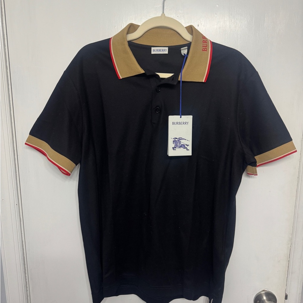 Burberry Black Polo Shirt with Tan and Red Details